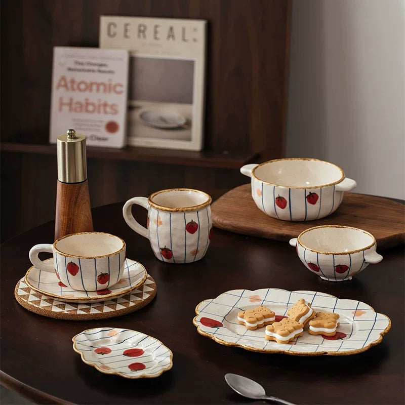 Handmade Japanese-Style Strawberry Ceramic Cup & Plate Set