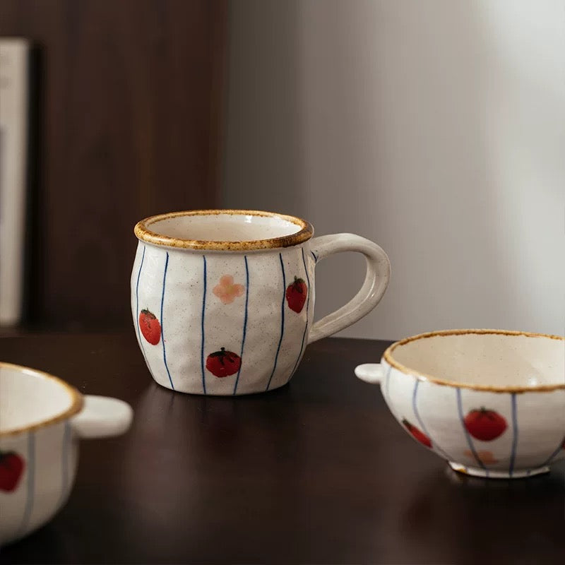 Handmade Japanese-Style Strawberry Ceramic Cup & Plate Set