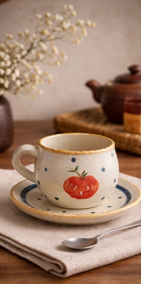 Handcrafted Japanese-Style Ceramic Apple Mug with Saucer