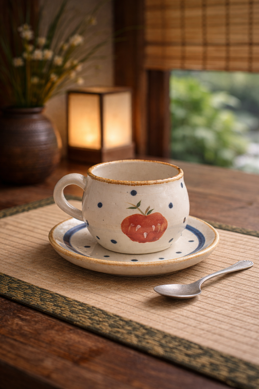 Handcrafted Japanese-Style Ceramic Apple Mug with Saucer