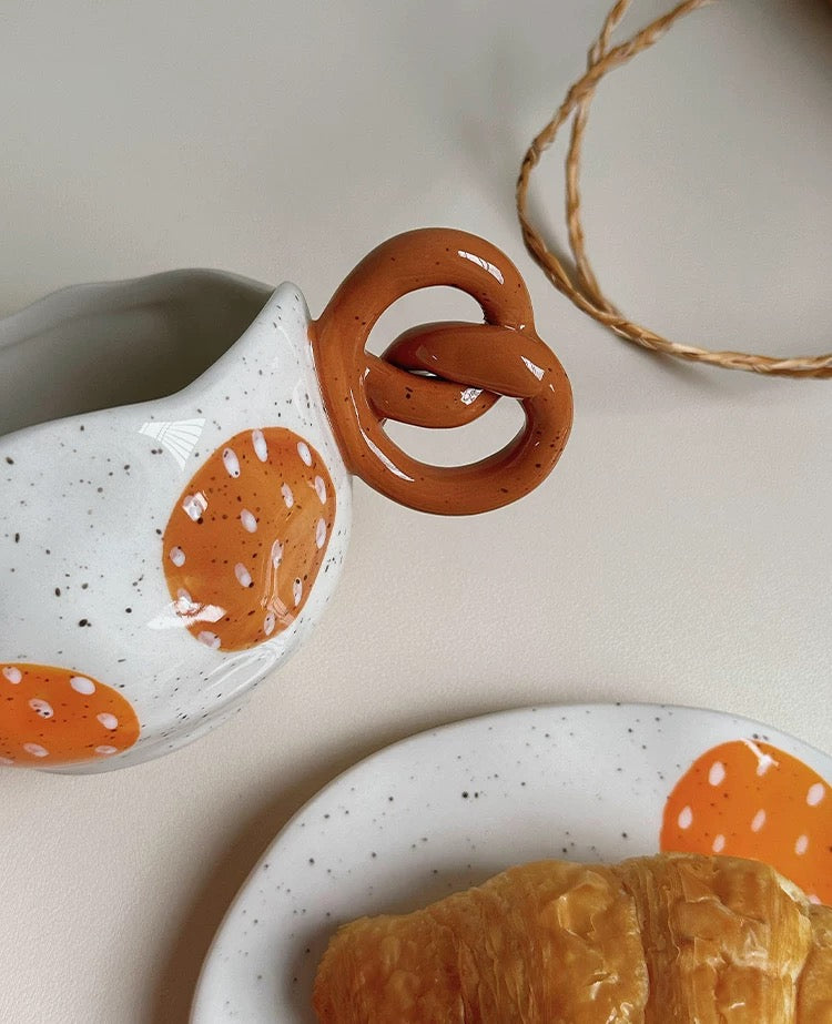Handcrafted Pretzel-Handle Irregular Ceramic Coffee Cup & Saucer