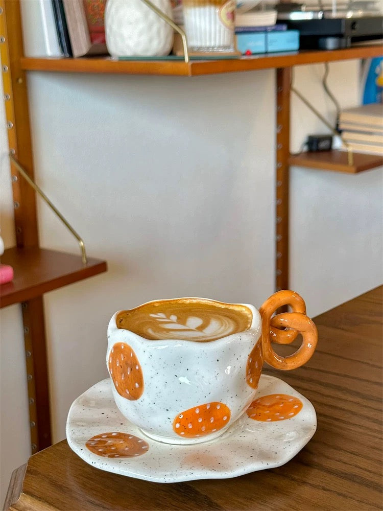 Handcrafted Pretzel-Handle Irregular Ceramic Coffee Cup & Saucer
