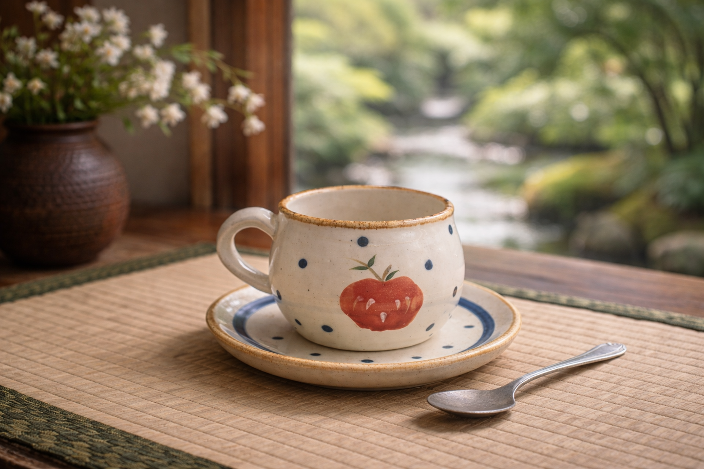 Handcrafted Japanese-Style Ceramic Apple Mug with Saucer