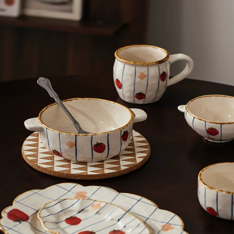 Handmade Japanese-Style Strawberry Ceramic Cup & Plate Set