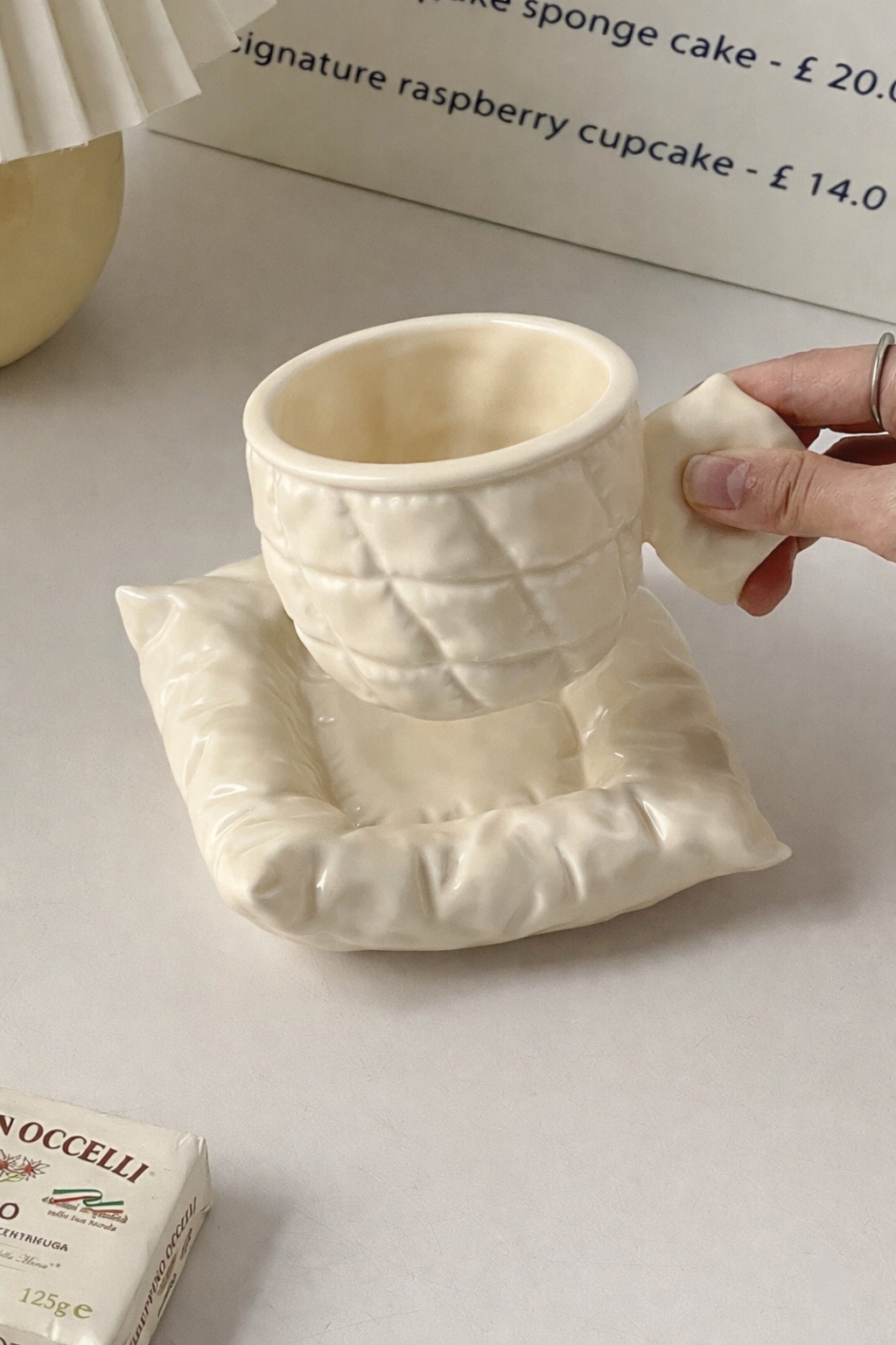 Ivory Quilted Ceramic Coffee Cup & Plate Set
