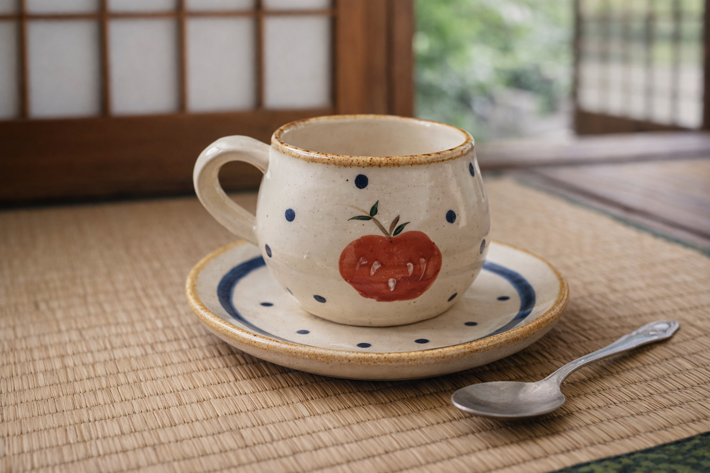 Handcrafted Japanese-Style Ceramic Apple Mug with Saucer