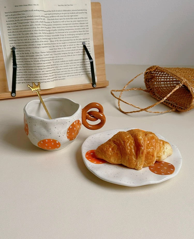Handcrafted Pretzel-Handle Irregular Ceramic Coffee Cup & Saucer