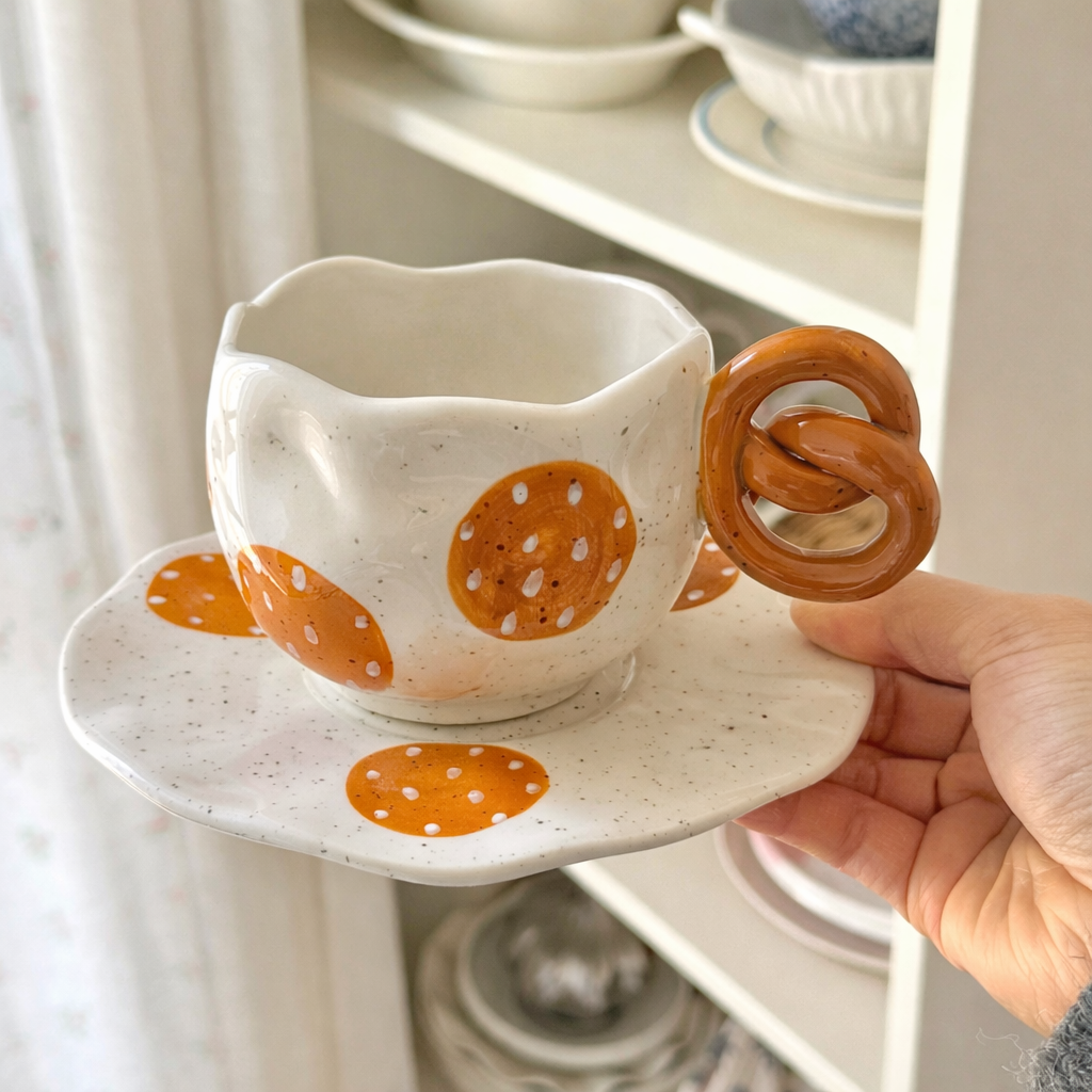 Handcrafted Pretzel-Handle Irregular Ceramic Coffee Cup & Saucer