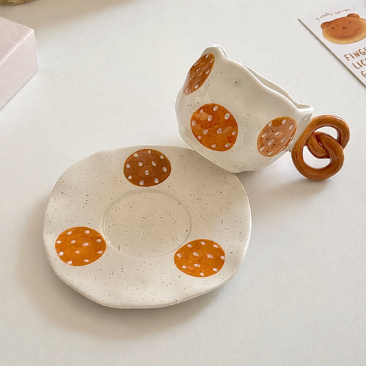 Handcrafted Pretzel-Handle Irregular Ceramic Coffee Cup & Saucer