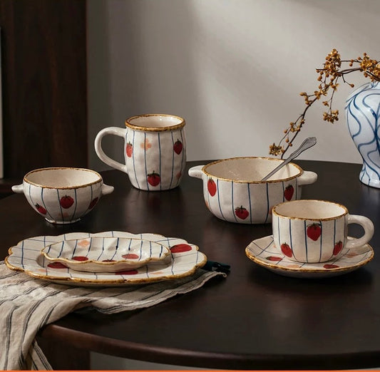 Handmade Japanese-Style Strawberry Ceramic Cup & Plate Set