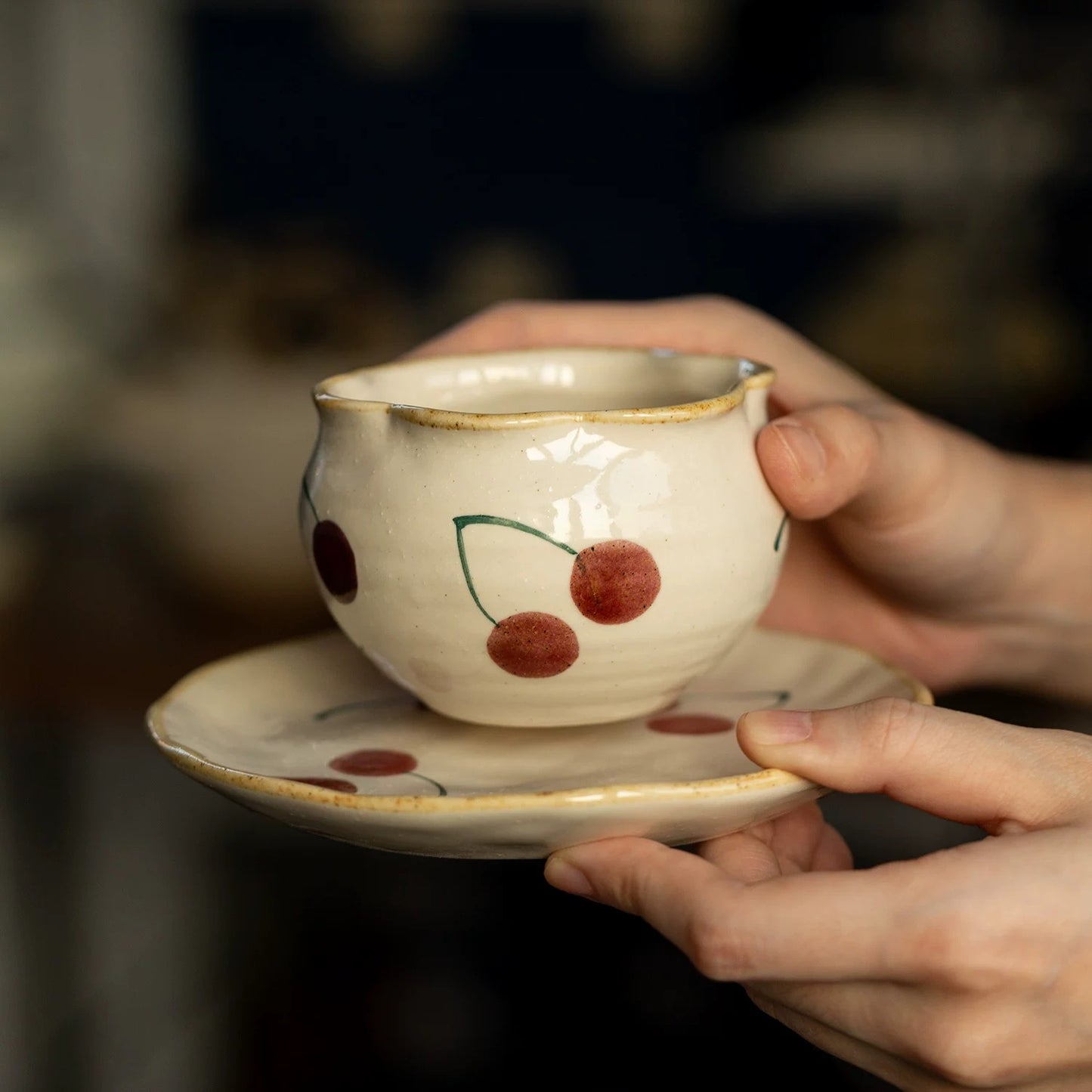 Handmade Japanese-Style Cherry Matcha & Coffee Cup Set