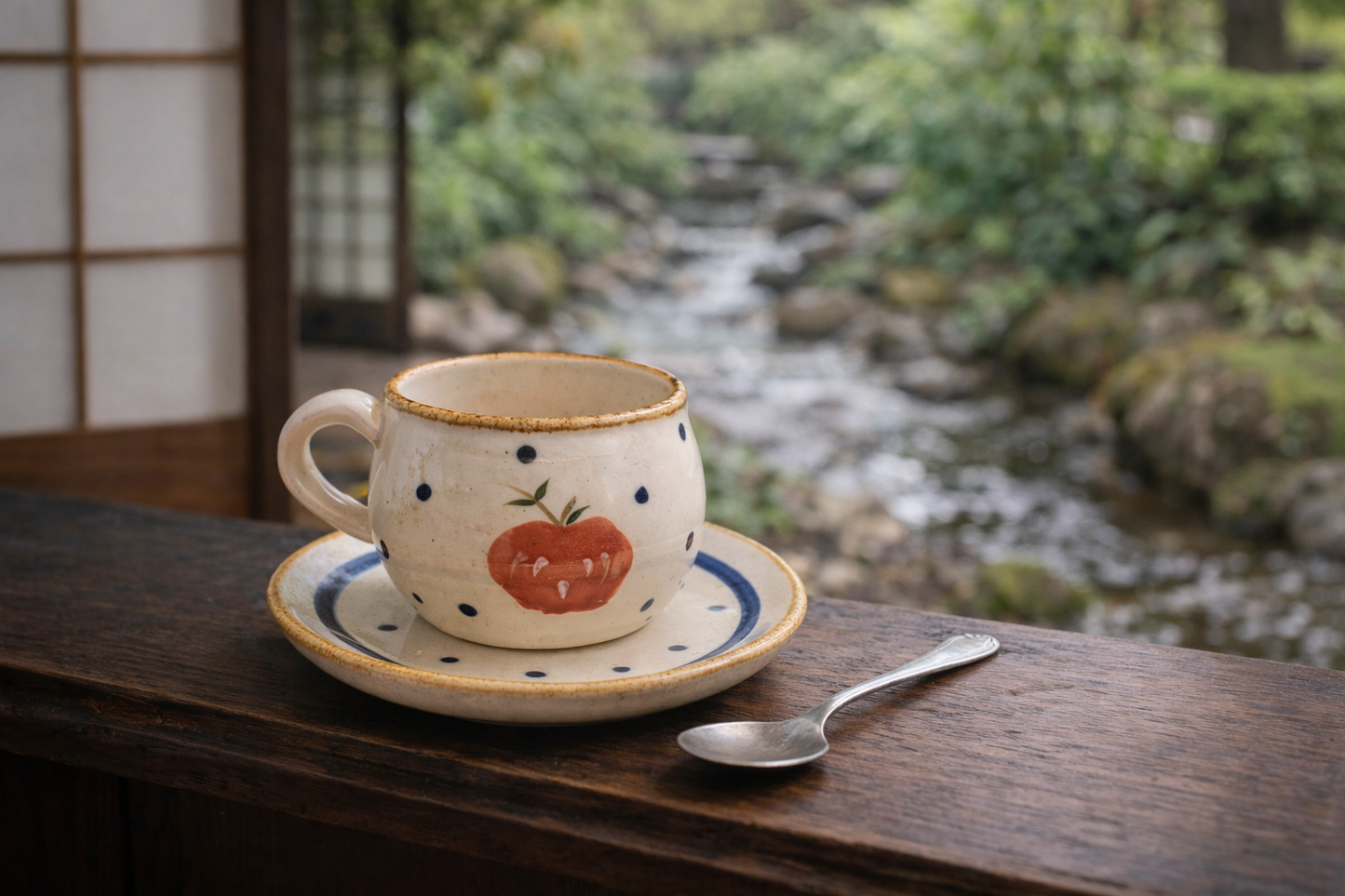 Handcrafted Japanese-Style Ceramic Apple Mug with Saucer