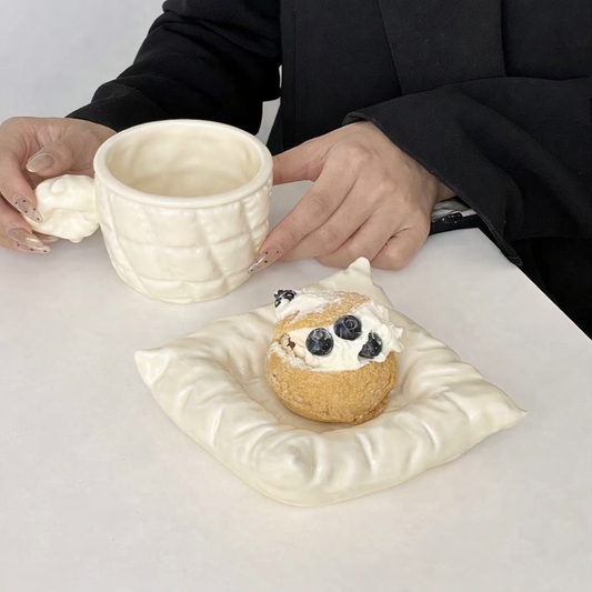 Ivory Quilted Ceramic Coffee Cup & Plate Set