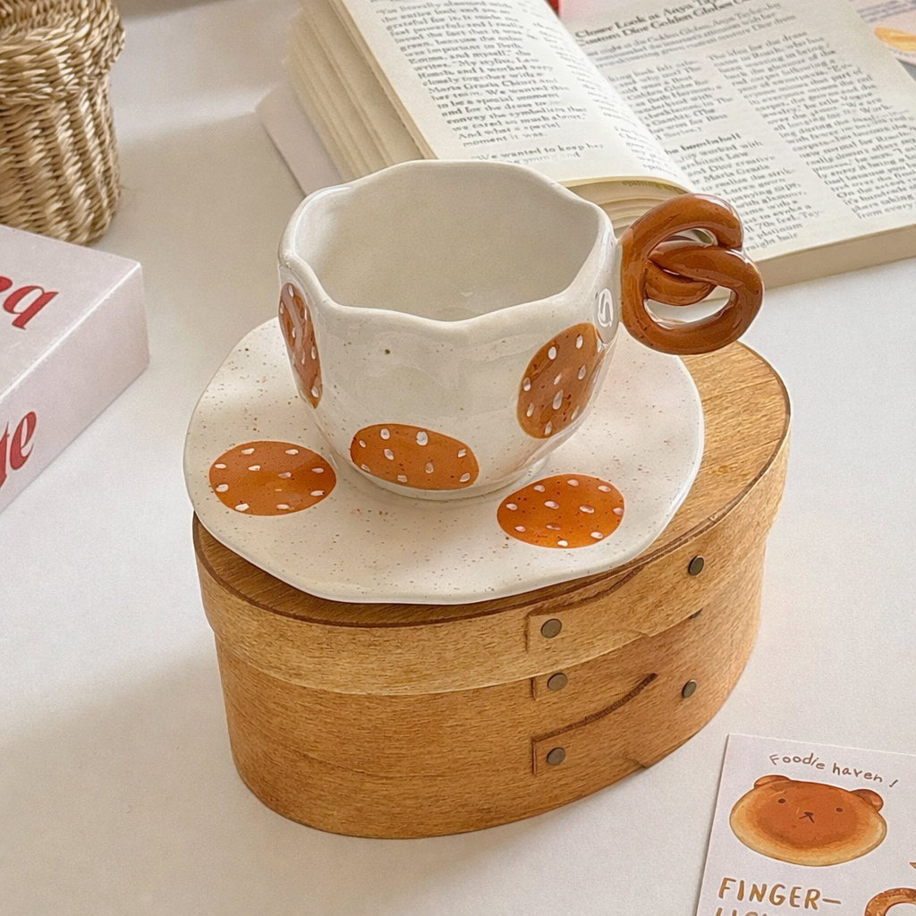 Handcrafted Pretzel-Handle Irregular Ceramic Coffee Cup & Saucer