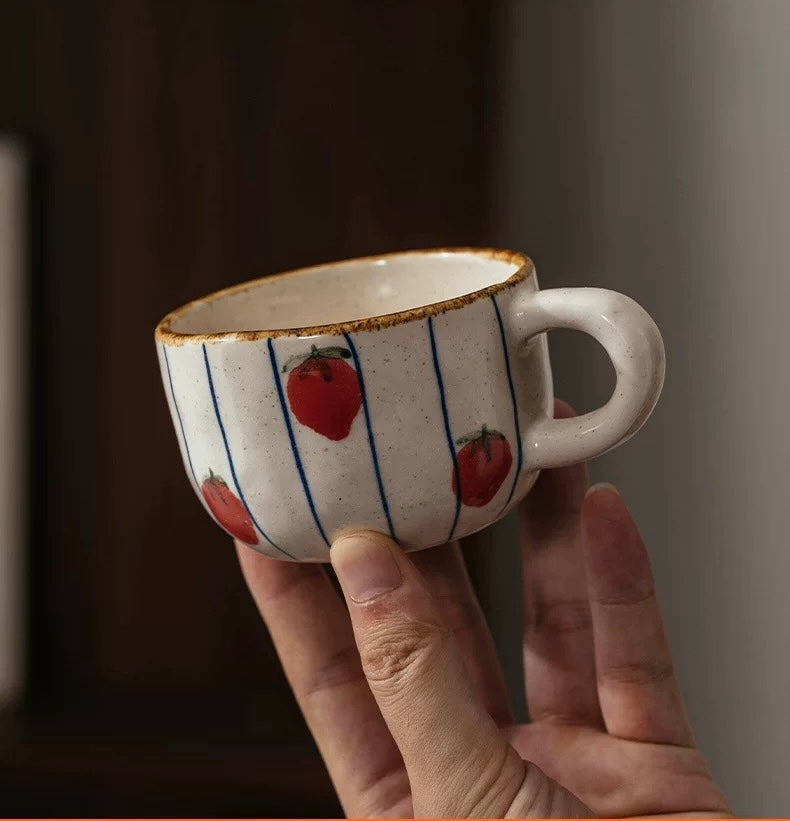Handmade Japanese-Style Strawberry Ceramic Cup & Plate Set