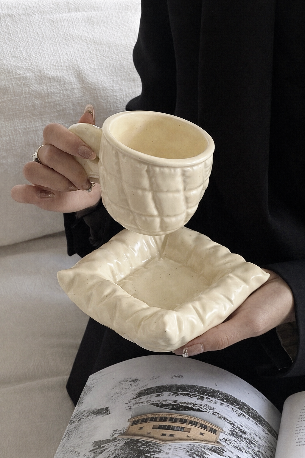 Ivory Quilted Ceramic Coffee Cup & Plate Set