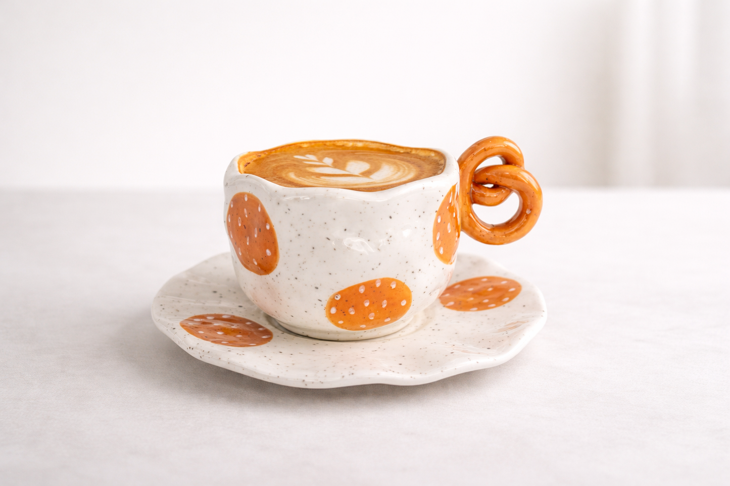 Handcrafted Pretzel-Handle Irregular Ceramic Coffee Cup & Saucer
