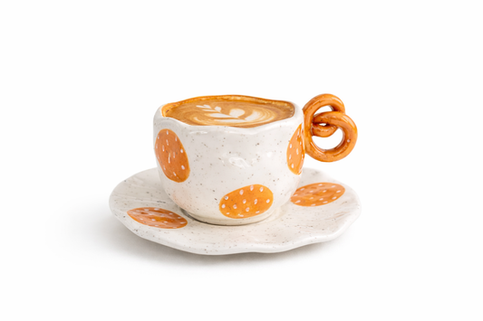 Handcrafted Pretzel-Handle Irregular Ceramic Coffee Cup & Saucer